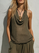 Women's Bohemian Knit Cowl Neck Sheer Tank Top & Crinkled Chiffon Harem Pants Co-ord Set ZMZ2133E8YZH