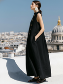 Women's Retro Casual Cotton Linen Round Neck Button-Down Sleeveless Maxi Dress ZMZ2076E1ZJY