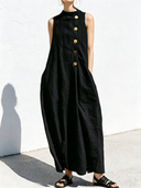 Women's Retro Casual Cotton Linen Round Neck Button-Down Sleeveless Maxi Dress ZMZ2076E1ZJY