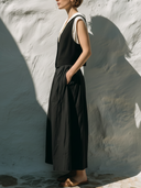 Women's Minimalist Old Money Style Linen-Cotton V-Neck Vest, Sleeveless Shirt & Wide-Leg Culottes Three-Piece Set ZMZ2170E2YZH