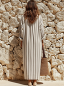 Women's Retro Casual Vacation Style Cotton Linen Striped Loose Short-Sleeve Maxi Dress ZMZ2041E5ZJY