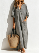 Women's Retro Casual Vacation Style Cotton Linen Striped Loose Short-Sleeve Maxi Dress ZMZ2081E2ZJY