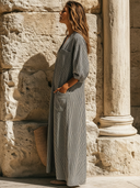 Women's Retro Casual Vacation Style Cotton Linen Striped Loose Short-Sleeve Maxi Dress ZMZ2081E2ZJY