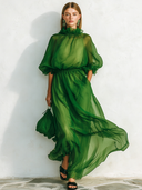 Women's Retro Casual Elegant Chiffon Five-Quarter Sleeve Maxi Dress ZMZ2317E0ZJY