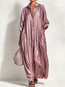 Women's Retro Casual Satin Loose Three-Quarter Sleeve Dress, Loose Shirt Maxi Dress ZMZ2328E9ZJY
