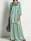 Women's Retro Casual Satin Striped Elbow-Length Sleeve Top And Skirt Set ZMZ2371E6ZJY