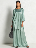 Women's Retro Casual Satin Striped Elbow-Length Sleeve Top And Skirt Set ZMZ2371E6ZJY