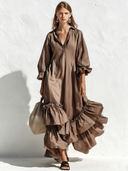 Women's Retro Casual Ruffled V-Neck Three-Quarter Sleeves Maxi Dress ZMZ2305E8ZJY