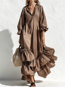 Women's Retro Casual Ruffled V-Neck Three-Quarter Sleeves Maxi Dress ZMZ2305E8ZJY