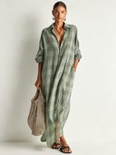 Women's Retro Casual Plaid Print Cotton Linen Shirt Long Sleeve Midi Dress ZMZ2304E8ZJY