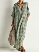 Women's Retro Casual Plaid Print Cotton Linen Shirt Long Sleeve Midi Dress ZMZ2304E8ZJY