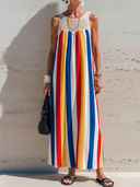 Women's Vacation-Style Sleeveless, Crew Neck, Featuring Knitted Neckline Accents And Colorful Stripes Loose-Fit Maxi Dress ZMZ2344E7ZYY