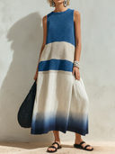Women's Casual & Stylish Striped Knit And Cotton-Linen Spliced — Printed, Crew Neck, Sleeveless, Loose Fit, Maxi Dress ZMZ2337E3ZYY