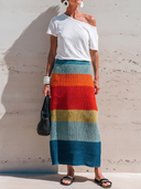 Women's Casual Resort-Style Set: Slub Cotton Short-Sleeve T-Shirt And Knitted Colorful Striped Skirt ZMZ2370E9ZYY