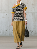 Women's Retro Casual Cotton-Linen Spliced, Off-Shoulder, Short-Sleeve, Loose-Fit Maxi Dress ZMZ2318E3ZYY