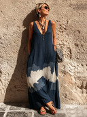 Women's Casual Deep V-Neck Sleeveless Patterned Color-Block Loose Maxi Dress ZMZ2341E7SWL