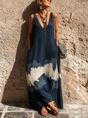 Women's Casual Deep V-Neck Sleeveless Patterned Color-Block Loose Maxi Dress ZMZ2341E7SWL