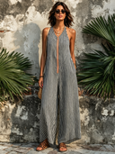 Women's Classic Striped V-Neck Front Zipper Sleeveless Jumpsuit ZMZ2335E5SWL