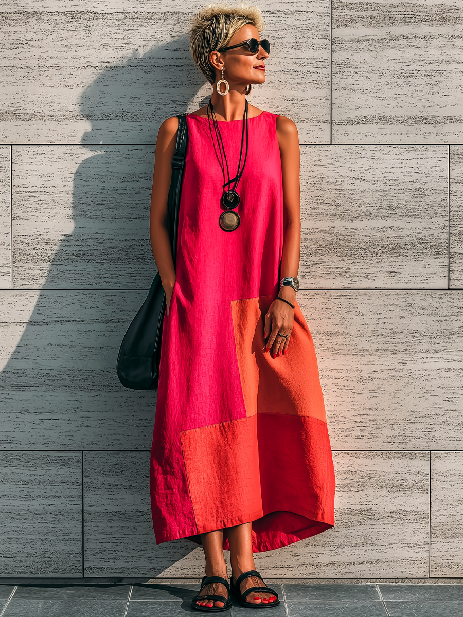 Women's Casual & Vibrant Cotton-Linen Color-Block Sleeveless Midi Dres – Zemurea
