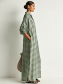 Women's Retro Casual Plaid Print Cotton Linen Shirt Long Sleeve Midi Dress ZMZ2304E8ZJY