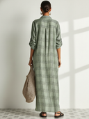 Women's Retro Casual Plaid Print Cotton Linen Shirt Long Sleeve Midi Dress ZMZ2304E8ZJY