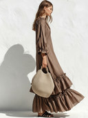 Women's Retro Casual Ruffled V-Neck Three-Quarter Sleeves Maxi Dress ZMZ2305E8ZJY