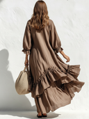 Women's Retro Casual Ruffled V-Neck Three-Quarter Sleeves Maxi Dress ZMZ2305E8ZJY