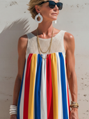 Women's Vacation-Style Sleeveless, Crew Neck, Featuring Knitted Neckline Accents And Colorful Stripes Loose-Fit Maxi Dress ZMZ2344E7ZYY