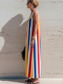 Women's Vacation-Style Sleeveless, Crew Neck, Featuring Knitted Neckline Accents And Colorful Stripes Loose-Fit Maxi Dress ZMZ2344E7ZYY