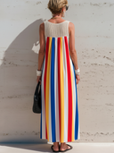 Women's Vacation-Style Sleeveless, Crew Neck, Featuring Knitted Neckline Accents And Colorful Stripes Loose-Fit Maxi Dress ZMZ2344E7ZYY