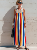 Women's Vacation-Style Sleeveless, Crew Neck, Featuring Knitted Neckline Accents And Colorful Stripes Loose-Fit Maxi Dress ZMZ2344E7ZYY