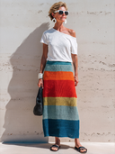 Women's Casual Resort-Style Set: Slub Cotton Short-Sleeve T-Shirt And Knitted Colorful Striped Skirt ZMZ2370E9ZYY
