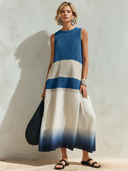 Women's Casual & Stylish Striped Knit And Cotton-Linen Spliced — Printed, Crew Neck, Sleeveless, Loose Fit, Maxi Dress ZMZ2337E3ZYY