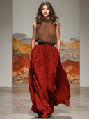 Women's Stylish Casual Set: Sleeveless Chiffon Top And Pure Cotton Elastic-Waist Skirt ZMZ2315E0ZYY