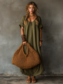 Women's Solid-Color V-Neck Cotton-Linen Short-Sleeve Maxi Dress ZMZ2593E9XT