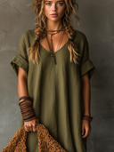 Women's Solid-Color V-Neck Cotton-Linen Short-Sleeve Maxi Dress ZMZ2593E9XT