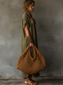 Women's Solid-Color V-Neck Cotton-Linen Short-Sleeve Maxi Dress ZMZ2593E9XT