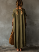 Women's Solid-Color V-Neck Cotton-Linen Short-Sleeve Maxi Dress ZMZ2593E9XT