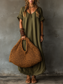 Women's Solid-Color V-Neck Cotton-Linen Short-Sleeve Maxi Dress ZMZ2593E9XT