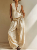 Women's Resort Striped V-neck Top And Loose-fitting Trousers Two-Piece Set ZMZ2513E3XT