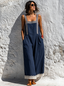 Women's Casual Loose Cotton-Linen Striped Contrast-Color Overalls ZMZ2590E2XT