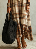 Women's Vacation Plaid V-neck Short-sleeved Maxi Dress ZMZ2577E8XT