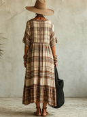 Women's Vacation Plaid V-neck Short-sleeved Maxi Dress ZMZ2577E8XT