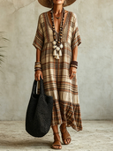 Women's Vacation Plaid V-neck Short-sleeved Maxi Dress ZMZ2577E8XT