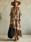 Women's Vacation Plaid V-neck Short-sleeved Maxi Dress ZMZ2577E8XT