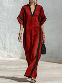 Women's Casual Retro Red & Black Color-Block Cotton-Linen — V-Neck, Short Sleeve, Loose Fit, Maxi Dress ZMZ2597E7ZYY