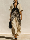 Women's Casual Vacation-Style  Loose-Fit, Short-Sleeve V-Neck With Cotton-Linen Paneling And Leopard Print Maxi Dress ZMZ2506E0ZYY