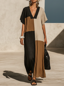 Women's Casual Vacation-Style Loose-Fit, V-Neck, Short Sleeve Cotton-Linen Patchwork Maxi Dress ZMZ2570E9ZYY