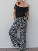 Women's Casual Vacation-Style Set: Chiffon Off-the-Shoulder Short-Sleeve Top And Zebra-Print Wide-Leg Pants ZMZ2563E8ZYY