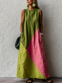 Women's Casual Retro Vacation-Style Dress — Color-Block, Round Neck, Sleeveless, Loose-Fit Cotton-Linen Maxi Dress ZMZ2504E1ZYY